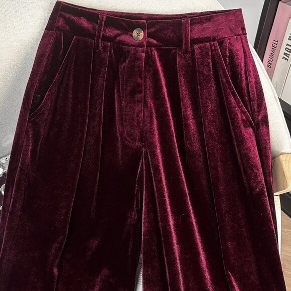 Burgundy Casual Women's Elegant Velvet Pants - Picture 5 of 5